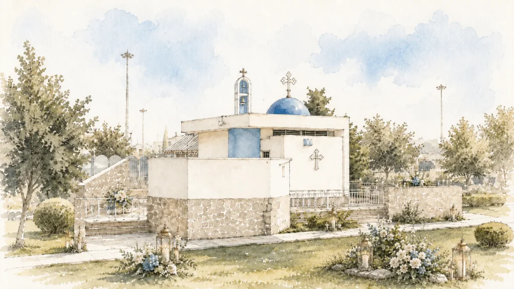 chapel-side.webp Υδατογραφική πλάγια όψη του παρεκκλησιού Αγίου Νικολάου